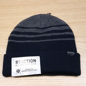 KENNETH COLE REACTION Mens Beanie Hat Navy Stripe Fold Over Cuff Stretch Knit